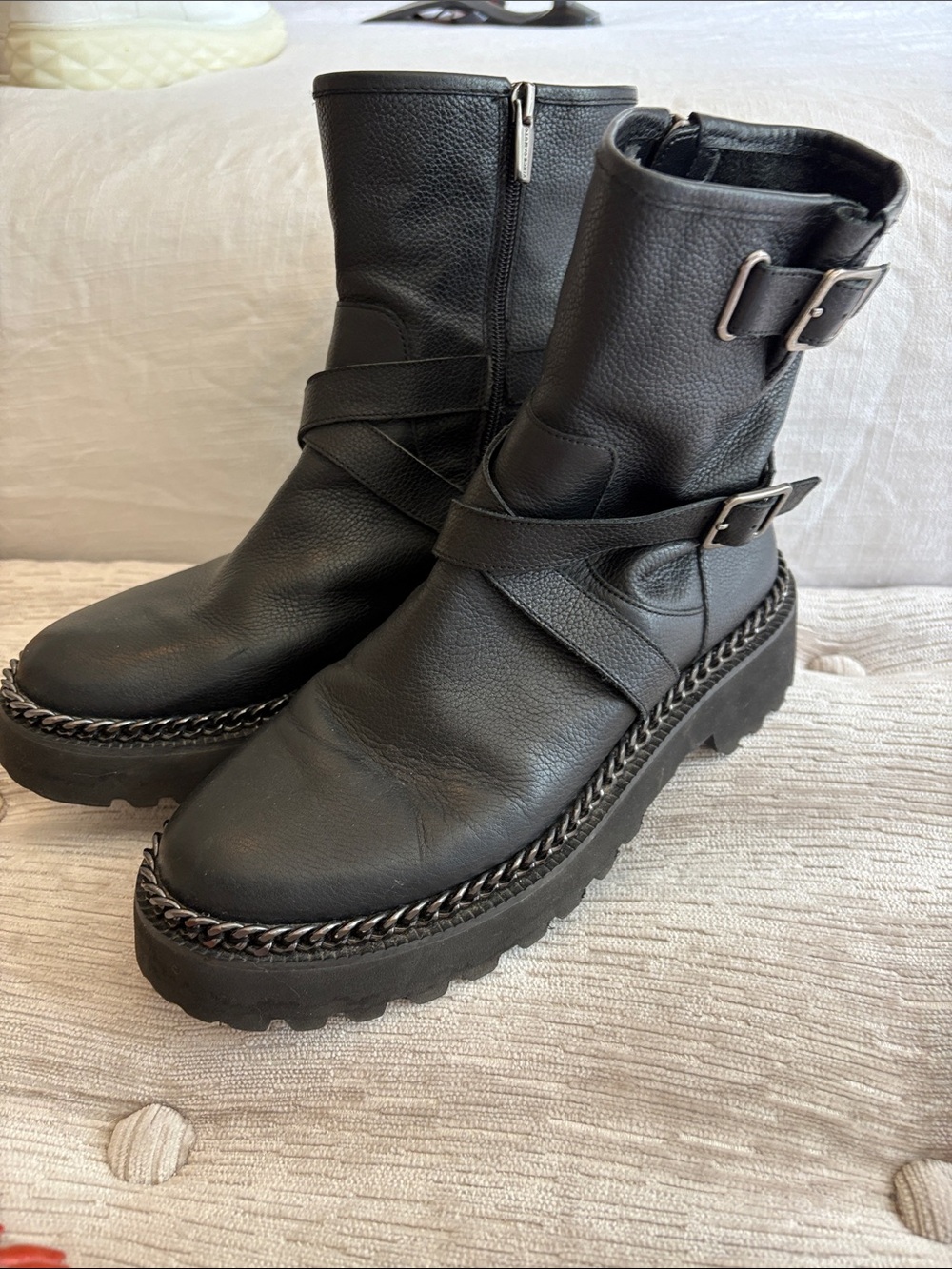 Vince Camuto Black Leather Buckle Combat Boots